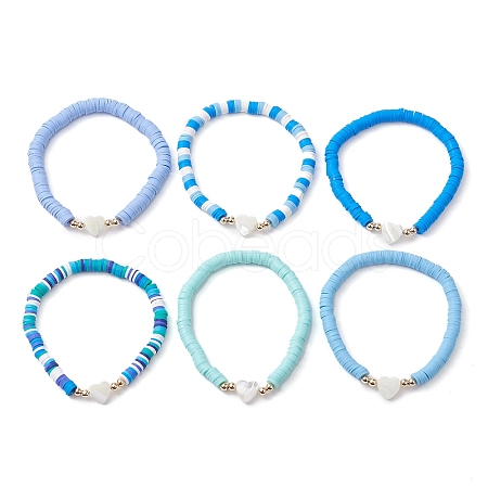 Handmade Polymer Clay with Natural Trochid Shell/Trochus Shell Beaded Stretch Bracelets for Women BJEW-JB10203-01-1