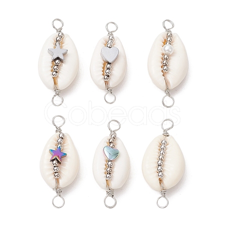 6Pcs 6 Styles Natural Cowrie Shell Copper Wire Wrapped Star & Heart & Round Links PALLOY-JF02940-1