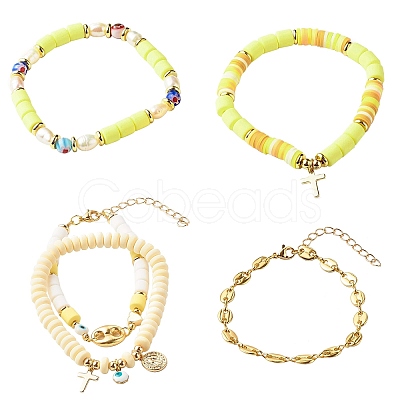 5Pcs 5 Style Handmade Polymer Clay Stretch & Brass Beaded & Alloy Link Chain Bracelets Set BJEW-SZ0001-66B-1