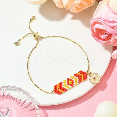 Cylinder Seed Beaded & Brass Heart Charm Box Chain Slider Bracelets for Women BJEW-JB10747-1