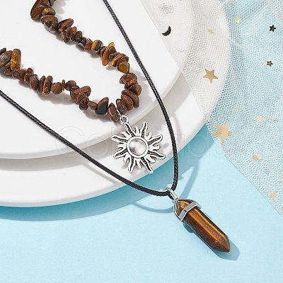 2Pcs 2 Style Natural Tiger Eye Bullet & Alloy Sun Pendant Necklaces Set NJEW-JN04514-03-1