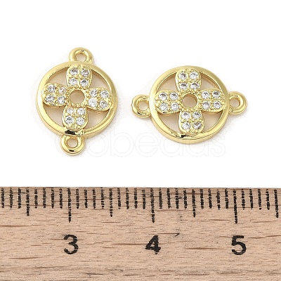 Rack Plating Brass Micro Pave Clear Cubic Zirconia Flat Round with Flower Connector Charms KK-C052-40G-1