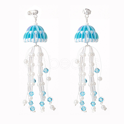 Glass Seed & Synthetic Moonstone Beaded Long Tassel Dangle Stud Earrings with Shell Pearl for Women EJEW-TA00062-1