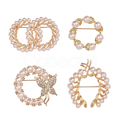 4Pcs 4 Style Butterfly & Leaf Plastic Imitation Pearl Beads Brooch JEWB-SZ0001-08-1