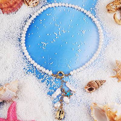 Natural Shell & Starfish Long Drop Pendant Necklace NJEW-SW00011-1