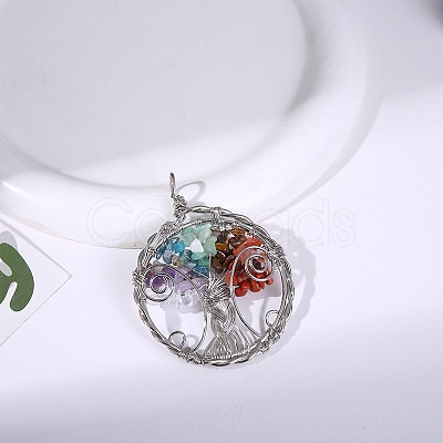 Gemstone Chip Tree of Life Copper Wire Wrapped Big Pendants PW-WG53552-01-1