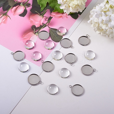 304 Stainless Steel Pendant Cabochon Settings and Clear Half Round Glass Cabochon STAS-X0017-12P-16mm-1