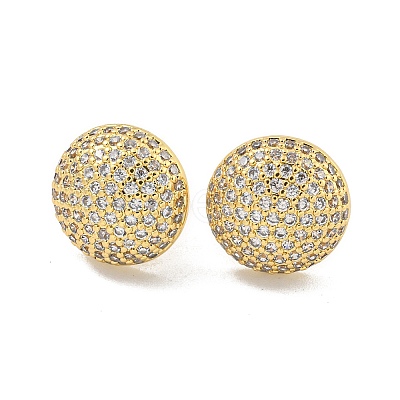 Round Brass Pave Clear Cubic Zirconia Stud Earrings EJEW-M258-65G-1