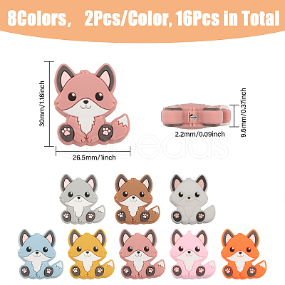 CHGCRAFT 16Pcs 8 Colors Fox Food Grade Eco-Friendly Silicone Beads SIL-CA0003-08-1