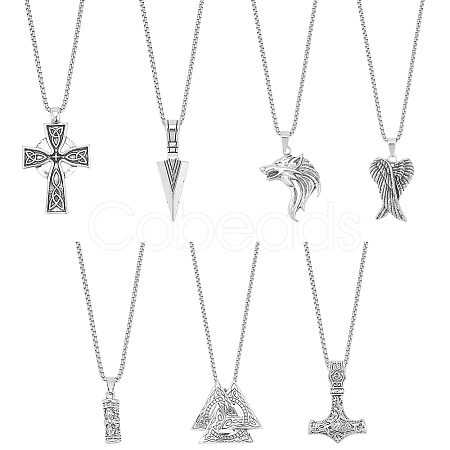 ANATTASOUL 7Pcs 7 Style Arrow & Wolf & Cross & Axe & Wing Stainless Steel Pendant Necklaces Set NJEW-AN0001-44-1