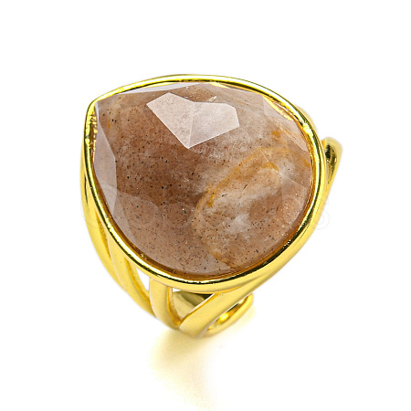 Teardrop Natural Sunstone Open Cuff Rings RJEW-C087-01G-04-1