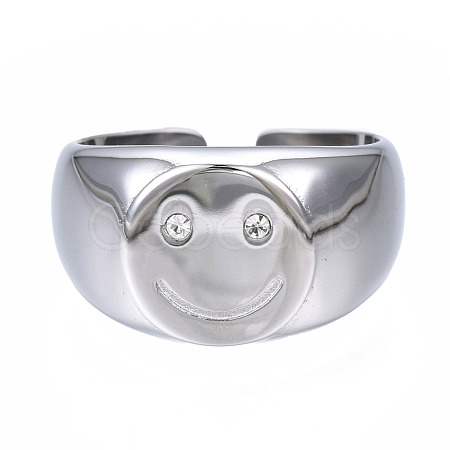 304 Stainless Steel Smiling Face Open Cuff Ring RJEW-T023-90P-1