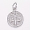 Brass Micro Pave Cubic Zirconia Pendants, Flat Round with Fleur De Lis, Clear, Platinum, 16x13x2mm, Hole: 4mm