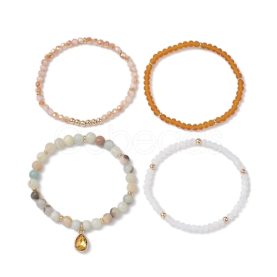 4Pcs 4 Styles 6mm Round Natural Flower Amazonite & Glass Beaded Stretch Bracelet Sets BJEW-JB10605-1