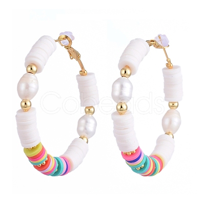 Basketball Wives Style Brass Heishi Beaded Hoop Earrings EJEW-JE04086-01-1