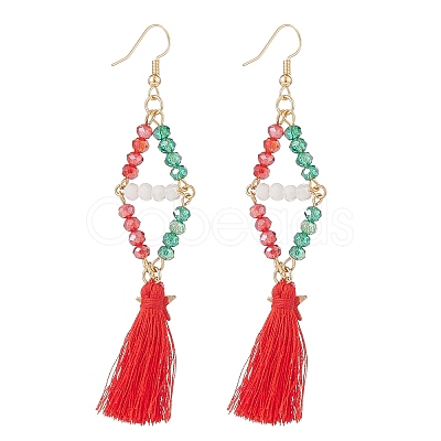 Glass Beaded Rhombus with Star and Tassel Dangle Earrings EJEW-TA00100-1