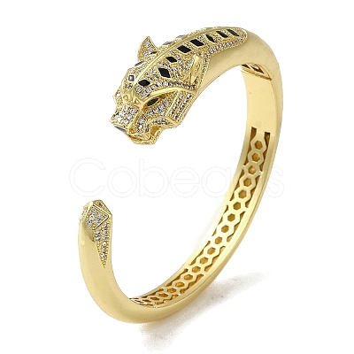 Brass Pave Clear & Green Cubic Zirconia Leopard Open Cuff Bangle for Women BJEW-K246-16G-1