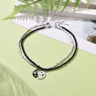 2Pcs 2 Style Alloy Enamel Yin Yang Metching Pendant Necklaces Set NJEW-JN04175-02-1