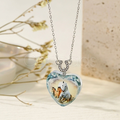 Heart with Horse Pattern Glass Pendant Necklaces PW-WGF1C5C-01-1