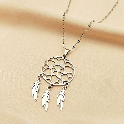 Non-Tarnish Woven Net/Web with Feather 304 Stainless Steel Pendant Necklaces for Women NJEW-G087-07P-1