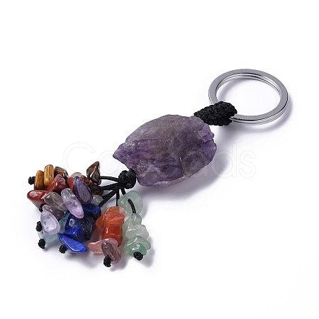 Natural Amethyst Nugget with Mixed Gemstone Chips Tassel Keychains KEYC-P012-02P-04-1