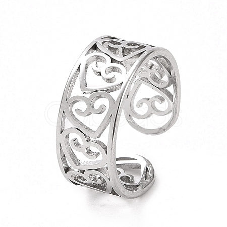 304 Stainless Steel Hollow Out Heart Open Cuff Ring for Women RJEW-C053-06P-1