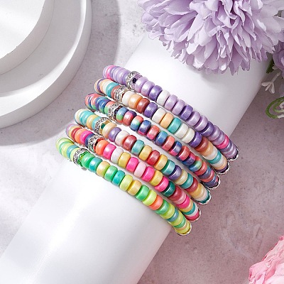 6Pcs Handmade Polymer Clay Heishi Beads Stretch Bracelets for Women BJEW-JB11378-1