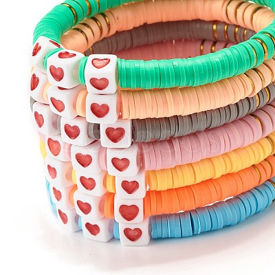 7Pcs 7 Style Polymer Clay Heishi Beaded Stretch Bracelets Set with Heart BJEW-JB07529-1