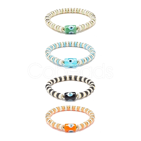 4Pcs 4 Color Handmade Evil Eye Lampwork Column Beaded Stretch Bracelets Set BJEW-JB08904-1