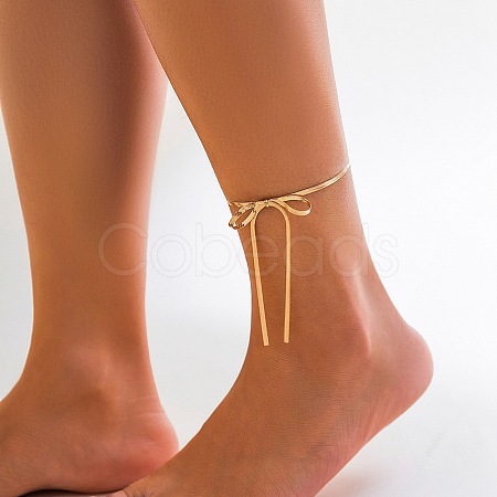 Bowknot Alloy Snake Chain Anklets AJEW-G059-04G-1