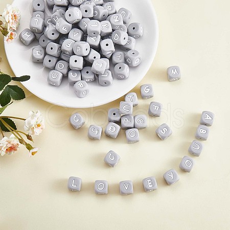 20Pcs Grey Cube Letter Silicone Beads 12x12x12mm Square Dice Alphabet Beads with 2mm Hole Spacer Loose Letter Beads for Bracelet Necklace Jewelry Making JX436X-1