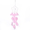 Handmade Flower Woven Net/Web with Feather Wall Hanging Decoration, with Beads & Cotton Thread, for Home Offices Amulet Ornament, Pearl Pink, 610~670x155mm, Pendant: 530mm long