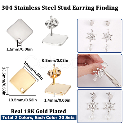 SUNNYCLUE 40Pcs 2 Color 304 Stainless Steel Stud Earring Findings STAS-SC0005-68-1