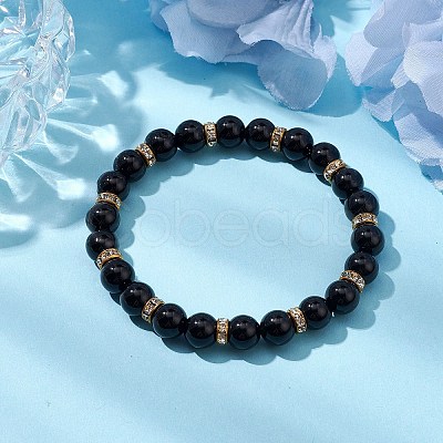 8mm Round Natural Black Onyx(Dyed & Heated) Beaded Stretch Bracelets for Women BJEW-JB10796-1