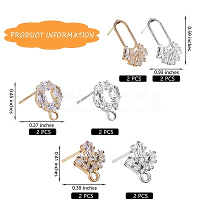 12Pcs 3 Style Brass Micro Pave Clear Cubic Zirconia Stud Earring Findings ZIRC-SZ0002-26-1