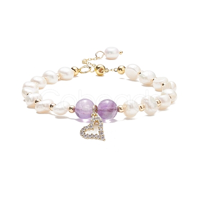 Natural Amethyst & Pearl Beaded Bracelet with Cubic Zirconia Heart Charm BJEW-JB08167-01-1