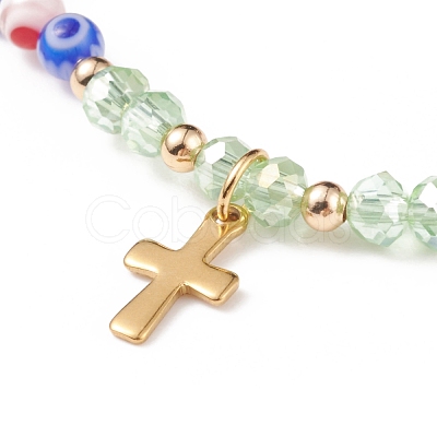 Millefiori Glass Beaded Stretch Bracelet with 304 Stainless Steel Cross Charm for Women BJEW-JB08521-1