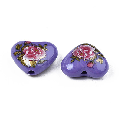 Flower Printed Opaque Acrylic Heart Beads SACR-S305-28-M04-1