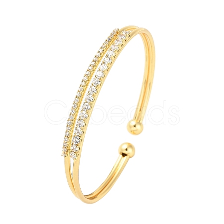 Brass Micro Pave Clear Cubic Zirconia 2-Line Open Cuff Bangles for Women BJEW-M312-12G-1