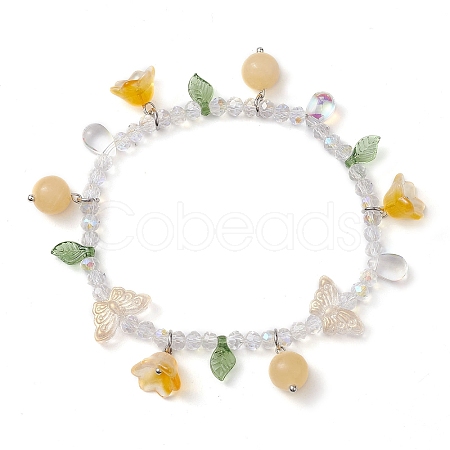 Dyed Natural Topaz Jade & Glass Beaded Stretch Bracelet with Flower Charms BJEW-JB10176-03-1