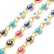 Brass Oval Link Chains, with Glass Evil Eye Beaded, Long-Lasting Plated, Soldered, with Spool, Golden, Colorful, 10x6x3.5mm, 5.5x4x1mm