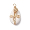 Copper Wired Flower Natural Shell Pendants, with Glass & Plastic Beads, Shell Shape Charms, Golden, 27.5x14.5x10mm, Hole: 2.5mm