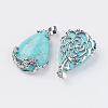 Teardrop with Flower Platinum Plated Brass Dyed Synthetic Turquoise Pendants G-F228-37L-RS-3