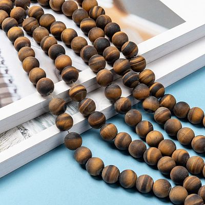 Natural Frosted Tiger Eye Round Bead Strands G-M064-10mm-02-1