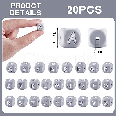 20Pcs Grey Cube Letter Silicone Beads 12x12x12mm Square Dice Alphabet Beads with 2mm Hole Spacer Loose Letter Beads for Bracelet Necklace Jewelry Making JX436T-1