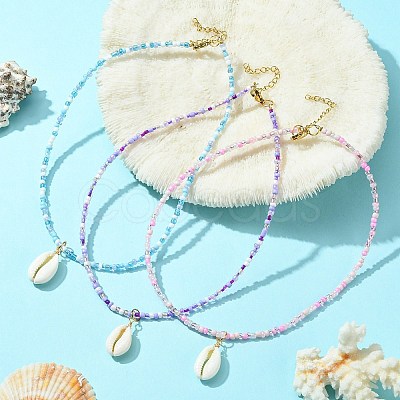 3Pcs 3 Color Natural Cowrie Shell Pendant Necklaces Set with Glass Seed Beaded Chains NJEW-JN04455-1