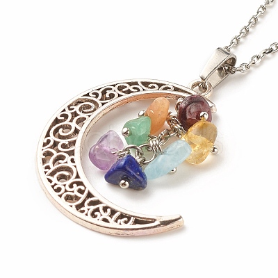 Natural Mixed Gemstone Chips Cluster with Moon Pendant Necklace NJEW-JN03867-1