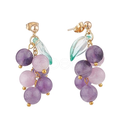 Grape and Leaf Dangle Stud Earrings EJEW-TA00034-1