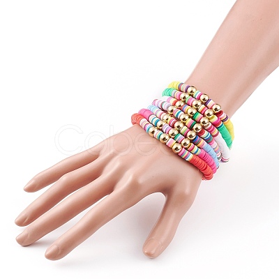 7Pcs Rainbow Polymer Clay Heishi Beads Stretch Bracelets Set BJEW-JB05889-1