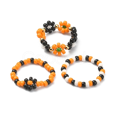 3Pcs 3 Style Glass Seed Beaded Flower Stretch Rings Set for Halloween RJEW-TA00073-1